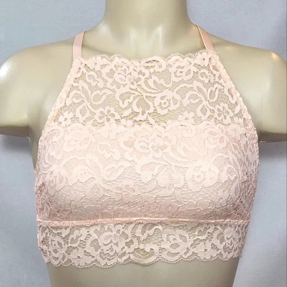 XS Xhilaration Wire Free High Neck T-Back Lace Bra Bralette‎ Feather Peach NWT